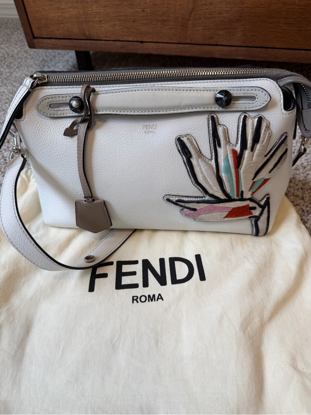 Fendi White Leather Shoulder Bag with Multicolor Floral Patch
